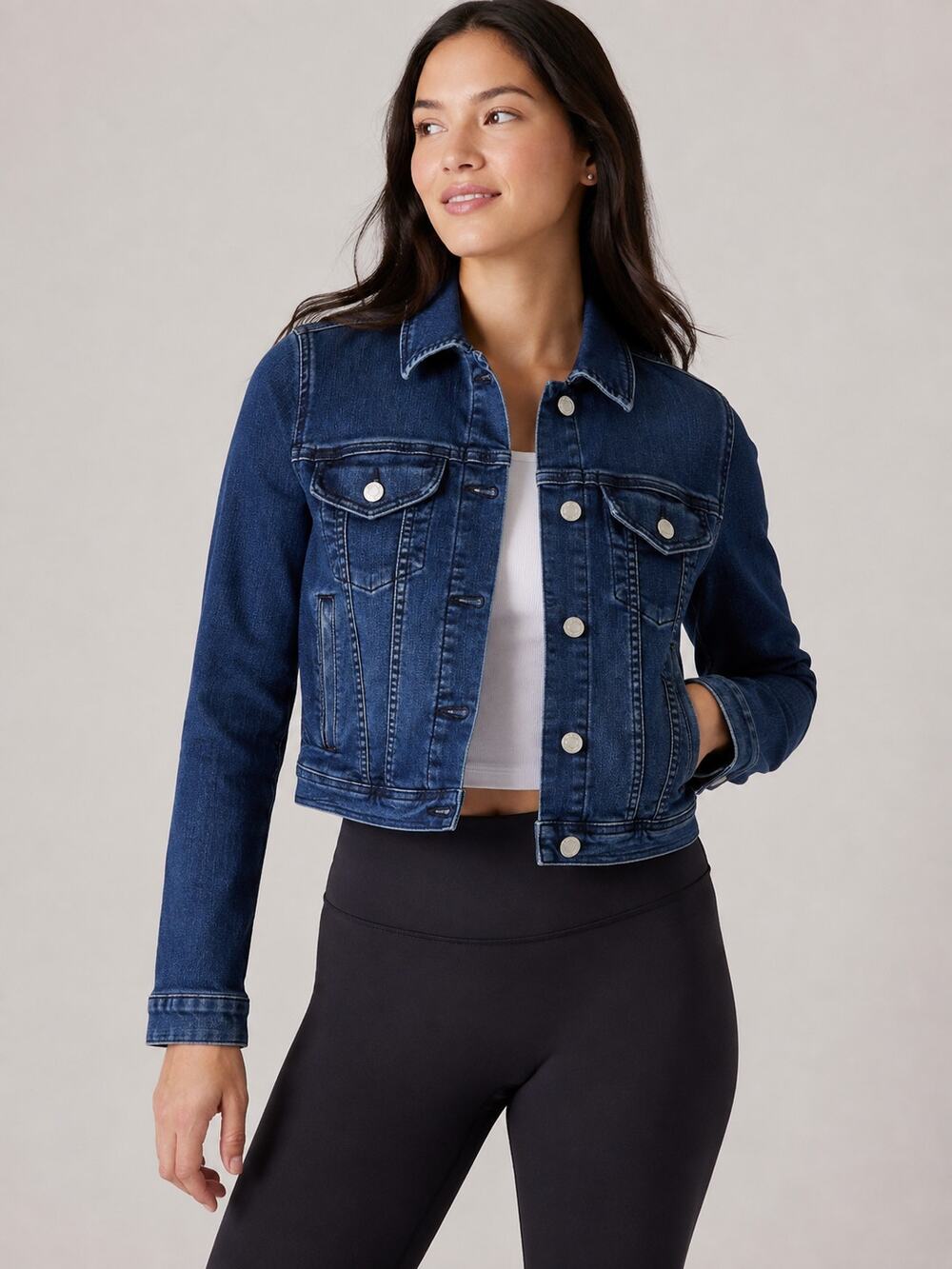 Athleta Detour Cropped Denim Jacket Dark Wash Stretch Jean Jacket